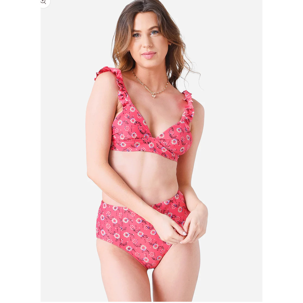 Xirena Kapri Flutter Bikini Top and High Waisted Bottom in Coral Cabana